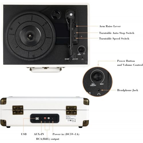  DIGITNOW! Turntable Record Player 3speeds with Built-in Stereo Speakers, Supports USB / RCA Output / Headphone Jack / MP3 / Mobile Phones Music Playback,Suitcase Design