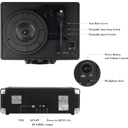  DIGITNOW Turntable Record Player 3speeds with Built-in Stereo Speakers, Supports USB / RCA Output / Headphone Jack / MP3 / Mobile Phones Music Playback,Suitcase Design(Black)