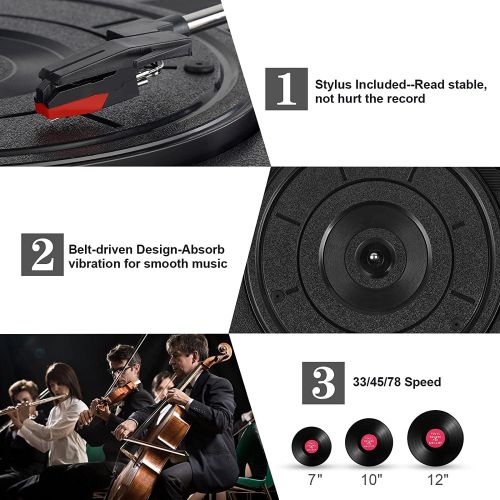  DIGITNOW Turntable Record Player 3speeds with Built-in Stereo Speakers, Supports USB / RCA Output / Headphone Jack / MP3 / Mobile Phones Music Playback,Suitcase Design(Black)