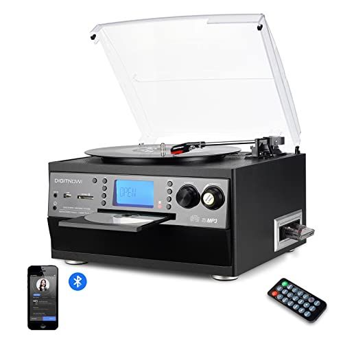  DIGITNOW Bluetooth Record Player Turntable with Stereo Speaker, LP Vinyl to MP3 Converter with CD, Cassette, Radio, Aux in and USB/SD Encoding, Remote Control