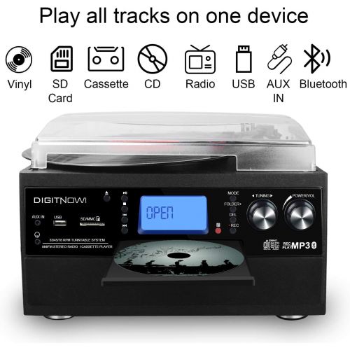  DIGITNOW Bluetooth Record Player Turntable with Stereo Speaker, LP Vinyl to MP3 Converter with CD, Cassette, Radio, Aux in and USB/SD Encoding, Remote Control