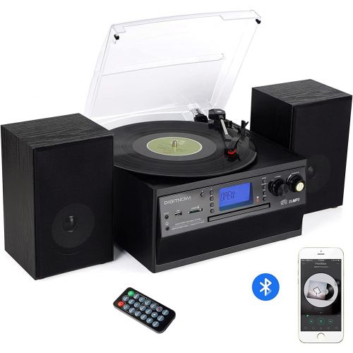  DIGITNOW Bluetooth Record Player Turntable with Stereo Speaker, LP Vinyl to MP3 Converter with CD, Cassette, Radio, Aux in and USB/SD Encoding, Remote Control, Audio Music Player B