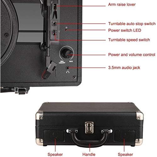  Visit the DIGITNOW Store DIGITNOW Turntable Record Player 3speeds with Built-in Stereo Speakers, Supports USB / RCA Output / Headphone Jack / MP3 / Mobile Phones Music Playback,Suitcase Design(Black)