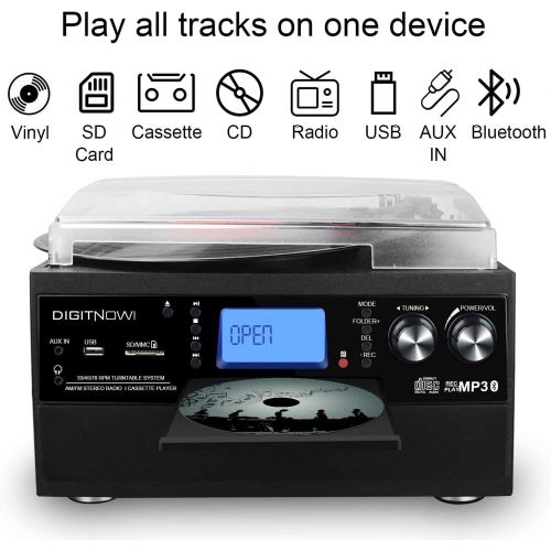  DIGITNOW Bluetooth Record Player Turntable with Stereo Speaker, LP Vinyl to MP3 Converter with CD, Cassette, Radio, Aux in and USB/SD Encoding, Remote Control, Audio Music Player B