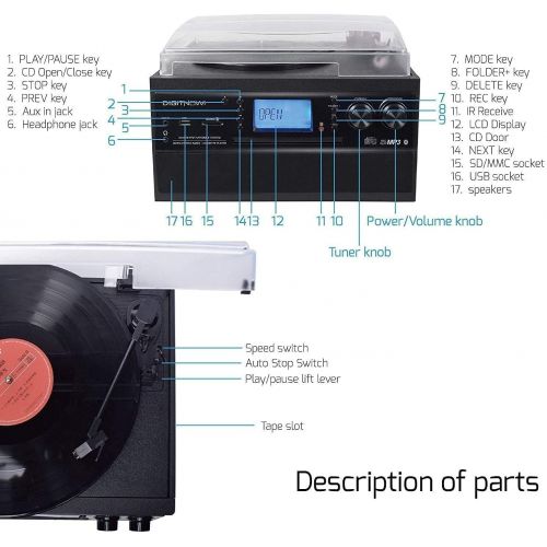  DIGITNOW Bluetooth Record Player Turntable with Stereo Speaker, LP Vinyl to MP3 Converter with CD, Cassette, Radio, Aux in and USB/SD Encoding, Remote Control, Audio Music Player B