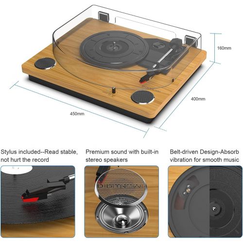  DIGITNOW Max LP Player Vinyl Record Player Bluetooth Turntable with Built-in Bluetooth Receiver &2 Stereo Speaker,3 Speed 3 Size All-in-one for Entertainment and Home Decoration,Support Vin