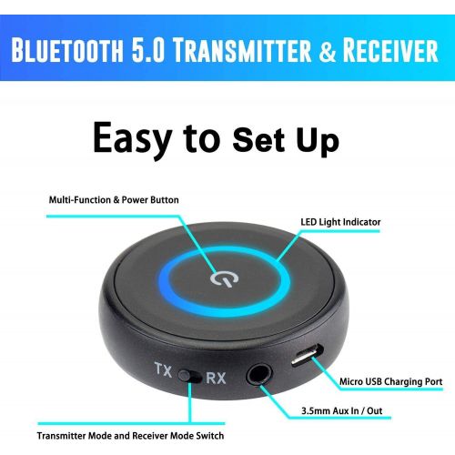  DIGMALL 2 in 1 Latest Bluetooth V5.0 Audio Transmitter Receiver with aptX Low Latency, Wireless 3.5mm AUX Adapter for TV PC Xbox Headphones Speakers Projector CD Player Home Stereo