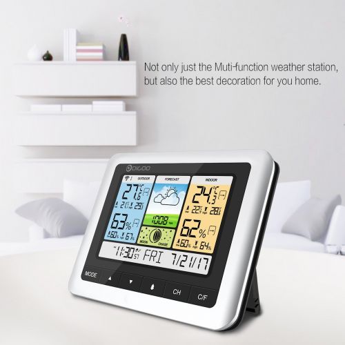  DIGOO TH8888 In&Outdoor Thermometer Color Weather Station with 3 Channels remote outdoor sensors, Home Thermometer USB Outdoor Forecast Sensor with Alarm Clock