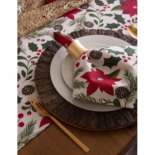  DII CAMZ38056 100% Cotton, Machine Washable, Printed Kitchen Table Runner For Dinner Parties and Holidays - 14x108, Woodland Christmas,Poinsettia