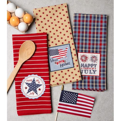  DII Kitchen Collection 100% Machine Washable Cotton for Entertaining, Cooking, Baking or Barbeques, Dishtowel Set, Happy 4th of July 3 Piece