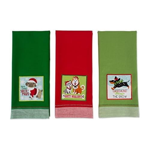  DII CAMZ10664 Cotton Christmas Holiday Dish, Set of 3, Decorative Oversized Embroidered Towels, Perfect Home and Kitchen Gift, 18x28, Puppy Dishtowels (3), 3 Pack