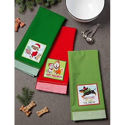  DII CAMZ10664 Cotton Christmas Holiday Dish, Set of 3, Decorative Oversized Embroidered Towels, Perfect Home and Kitchen Gift, 18x28, Puppy Dishtowels (3), 3 Pack