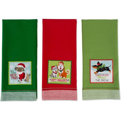  DII CAMZ10664 Cotton Christmas Holiday Dish, Set of 3, Decorative Oversized Embroidered Towels, Perfect Home and Kitchen Gift, 18x28, Puppy Dishtowels (3), 3 Pack