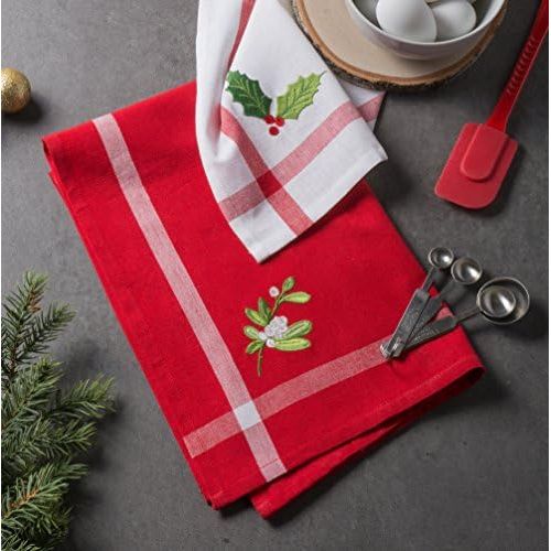  DII Cotton Christmas Holiday Dish Towels, 18x28 Set of 2, Decorative Oversized Embellished Kitchen Towels, Perfect Home and Kitchen Gift-Holly & Mistletoe