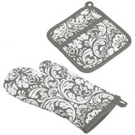 DII Cotton Damask Oven Mitt 12 x 6.5 and Pot Holder 8.5 x 8 Kitchen Gift Set, Machine Washable and Heat Resistant for Cooking and Baking-Gray: Kitchen & Dining