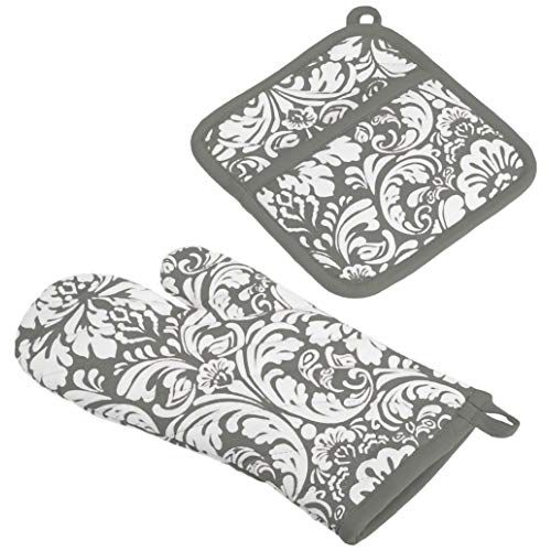  DII Cotton Damask Oven Mitt 12 x 6.5 and Pot Holder 8.5 x 8 Kitchen Gift Set, Machine Washable and Heat Resistant for Cooking and Baking-Gray: Kitchen & Dining