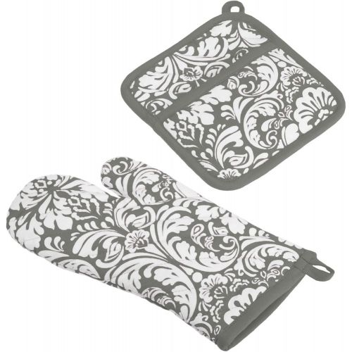  DII Cotton Damask Oven Mitt 12 x 6.5 and Pot Holder 8.5 x 8 Kitchen Gift Set, Machine Washable and Heat Resistant for Cooking and Baking-Gray: Kitchen & Dining