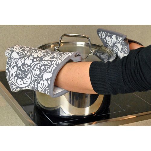  DII Cotton Damask Oven Mitt 12 x 6.5 and Pot Holder 8.5 x 8 Kitchen Gift Set, Machine Washable and Heat Resistant for Cooking and Baking-Gray: Kitchen & Dining