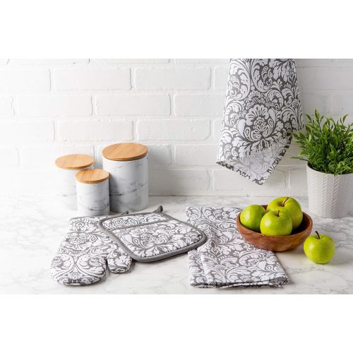  DII Cotton Damask Oven Mitt 12 x 6.5 and Pot Holder 8.5 x 8 Kitchen Gift Set, Machine Washable and Heat Resistant for Cooking and Baking-Gray: Kitchen & Dining