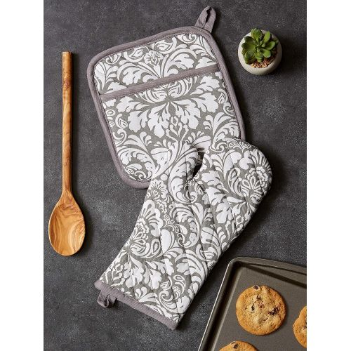  DII Cotton Damask Oven Mitt 12 x 6.5 and Pot Holder 8.5 x 8 Kitchen Gift Set, Machine Washable and Heat Resistant for Cooking and Baking-Gray: Kitchen & Dining