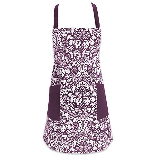  DII Cotton Adjusatble Women Kitchen Apron with Pockets and Extra Long Ties, 37.5 x 29, Cute Apron for Cooking, Baking, Gardening, Crafting, BBQ-Damask Eggplant: Kitchen & Dining