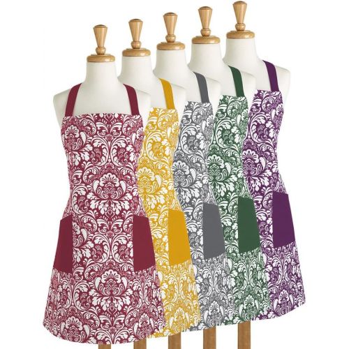  DII Cotton Adjusatble Women Kitchen Apron with Pockets and Extra Long Ties, 37.5 x 29, Cute Apron for Cooking, Baking, Gardening, Crafting, BBQ-Damask Eggplant: Kitchen & Dining