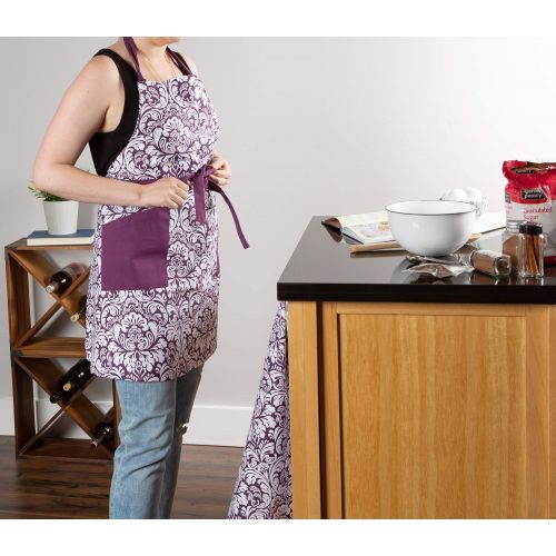  DII Cotton Adjusatble Women Kitchen Apron with Pockets and Extra Long Ties, 37.5 x 29, Cute Apron for Cooking, Baking, Gardening, Crafting, BBQ-Damask Eggplant: Kitchen & Dining