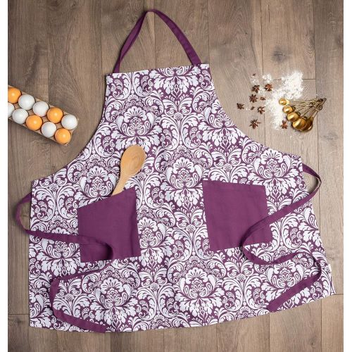  DII Cotton Adjusatble Women Kitchen Apron with Pockets and Extra Long Ties, 37.5 x 29, Cute Apron for Cooking, Baking, Gardening, Crafting, BBQ-Damask Eggplant: Kitchen & Dining