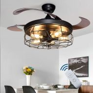 [아마존베스트]DINGLILIGHTING DLLT Ceiling Fan with Lights-42 Inch Industrial Ceiling Fan with Retractable Blades, Vintage Cage Ceiling Lights Fixture with Remote for Kitchen, Dining Room, Living Room, 5 E26 Bu