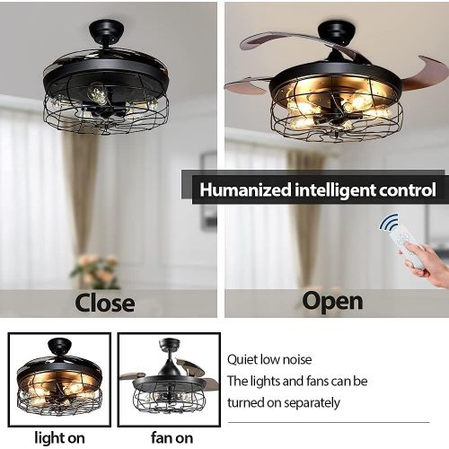  [아마존베스트]DINGLILIGHTING DLLT Ceiling Fan with Lights-42 Inch Industrial Ceiling Fan with Retractable Blades, Vintage Cage Ceiling Lights Fixture with Remote for Kitchen, Dining Room, Living Room, 5 E26 Bu