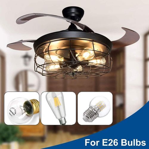  [아마존베스트]DINGLILIGHTING DLLT Ceiling Fan with Lights-42 Inch Industrial Ceiling Fan with Retractable Blades, Vintage Cage Ceiling Lights Fixture with Remote for Kitchen, Dining Room, Living Room, 5 E26 Bu