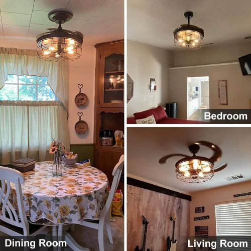  [아마존베스트]DINGLILIGHTING DLLT Ceiling Fan with Lights-42 Inch Industrial Ceiling Fan with Retractable Blades, Vintage Cage Ceiling Lights Fixture with Remote for Kitchen, Dining Room, Living Room, 5 E26 Bu