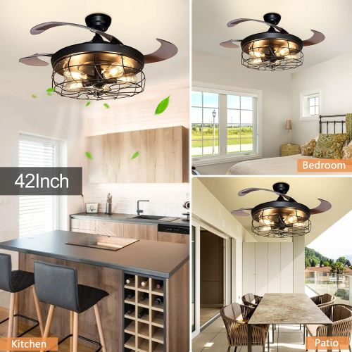  [아마존베스트]DINGLILIGHTING DLLT Ceiling Fan with Lights-42 Inch Industrial Ceiling Fan with Retractable Blades, Vintage Cage Ceiling Lights Fixture with Remote for Kitchen, Dining Room, Living Room, 5 E26 Bu