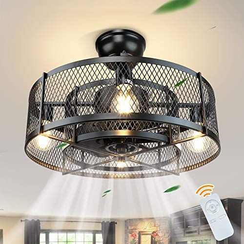  DINGLILIGHTING DLLT 20In Caged Ceiling Fan with Light, 3 Speeds Adjustable, Ceiling Fan Lights with Remote, Industrial Ceiling Fans for Living Room, Bedroom, Kitchen, 4xE26 Bulb Base, Black (No B
