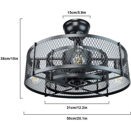  DINGLILIGHTING DLLT 20In Caged Ceiling Fan with Light, 3 Speeds Adjustable, Ceiling Fan Lights with Remote, Industrial Ceiling Fans for Living Room, Bedroom, Kitchen, 4xE26 Bulb Base, Black (No B