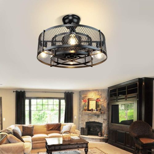  DINGLILIGHTING DLLT 20In Caged Ceiling Fan with Light, 3 Speeds Adjustable, Ceiling Fan Lights with Remote, Industrial Ceiling Fans for Living Room, Bedroom, Kitchen, 4xE26 Bulb Base, Black (No B