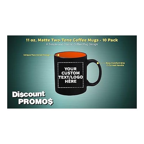  DISCOUNT PROMOS 10 Matte Two-Tone Coffee Mugs Set, 11 oz. - Customizable Text, Logo - Stoneware, Drinkware, Durable, C-handle - Orange