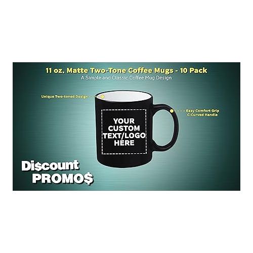  DISCOUNT PROMOS 10 Matte Two-Tone Coffee Mugs Set, 11 oz. - Customizable Text, Logo - Stoneware, Drinkware, Durable, C-handle - White