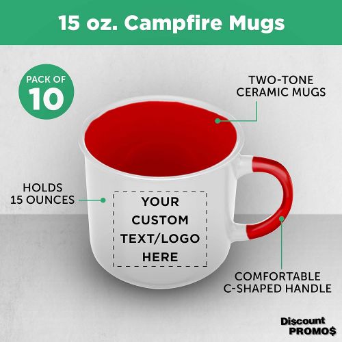  DISCOUNT PROMOS Custom Ceramic Campfire Coffee Mug 15 oz. Set of 10, Personalized Bulk Pack - Perfect for Coffee, Tea, Espresso, Hot Cocoa, Other Beverages - White Red