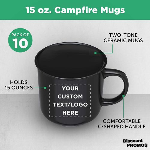  DISCOUNT PROMOS Custom Ceramic Campfire Coffee Mug 15 oz. Set of 10, Personalized Bulk Pack - Perfect for Coffee, Tea, Espresso, Hot Cocoa, Other Beverages - Black