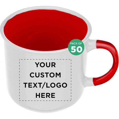  DISCOUNT PROMOS Custom Ceramic Campfire Coffee Mug 15 oz. Set of 50, Personalized Bulk Pack - Perfect for Coffee, Tea, Espresso, Hot Cocoa, Other Beverages - White Red