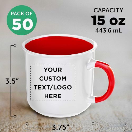  DISCOUNT PROMOS Custom Ceramic Campfire Coffee Mug 15 oz. Set of 50, Personalized Bulk Pack - Perfect for Coffee, Tea, Espresso, Hot Cocoa, Other Beverages - White Red