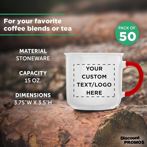  DISCOUNT PROMOS Custom Ceramic Campfire Coffee Mug 15 oz. Set of 50, Personalized Bulk Pack - Perfect for Coffee, Tea, Espresso, Hot Cocoa, Other Beverages - White Red