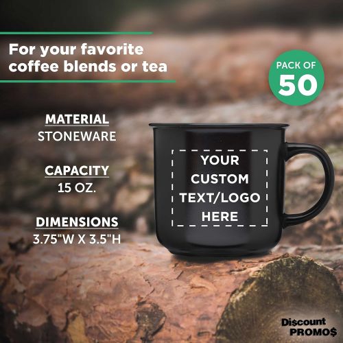  DISCOUNT PROMOS Custom Ceramic Campfire Coffee Mug 15 oz. Set of 50, Personalized Bulk Pack - Perfect for Coffee, Tea, Espresso, Hot Cocoa, Other Beverages - Black