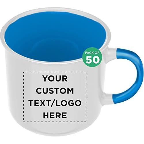  DISCOUNT PROMOS Custom Ceramic Campfire Coffee Mug 15 oz. Set of 50, Personalized Bulk Pack - Perfect for Coffee, Tea, Espresso, Hot Cocoa, Other Beverages - White Blue