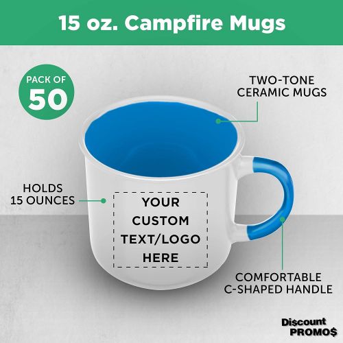  DISCOUNT PROMOS Custom Ceramic Campfire Coffee Mug 15 oz. Set of 50, Personalized Bulk Pack - Perfect for Coffee, Tea, Espresso, Hot Cocoa, Other Beverages - White Blue