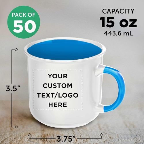  DISCOUNT PROMOS Custom Ceramic Campfire Coffee Mug 15 oz. Set of 50, Personalized Bulk Pack - Perfect for Coffee, Tea, Espresso, Hot Cocoa, Other Beverages - White Blue