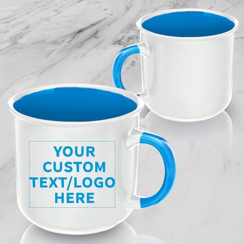  DISCOUNT PROMOS Custom Ceramic Campfire Coffee Mug 15 oz. Set of 50, Personalized Bulk Pack - Perfect for Coffee, Tea, Espresso, Hot Cocoa, Other Beverages - White Blue