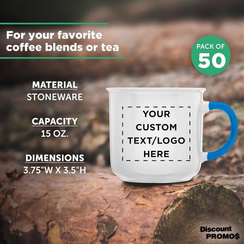  DISCOUNT PROMOS Custom Ceramic Campfire Coffee Mug 15 oz. Set of 50, Personalized Bulk Pack - Perfect for Coffee, Tea, Espresso, Hot Cocoa, Other Beverages - White Blue