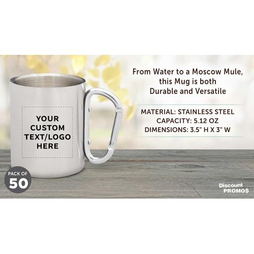  DISCOUNT PROMOS Custom Discuont Promos Carabiner Handle Stainless Steel Mugs, 50 pack, Personalized Text, Logo, 10 oz, Moscow Mule Mug, Camping Coffee Cup, Silver